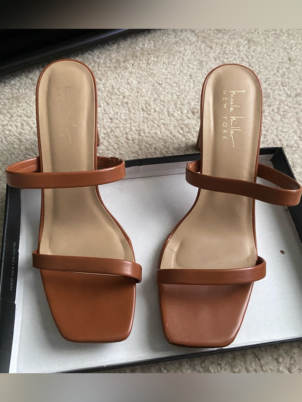 Macy's Tan Brown Two-Strap Square-Toe Slide Heels